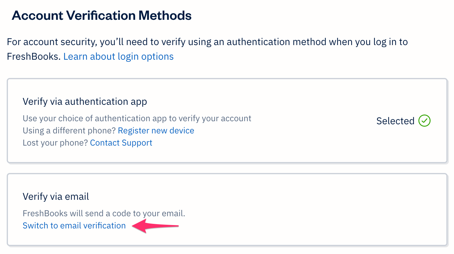Account verification section with switch to email link.