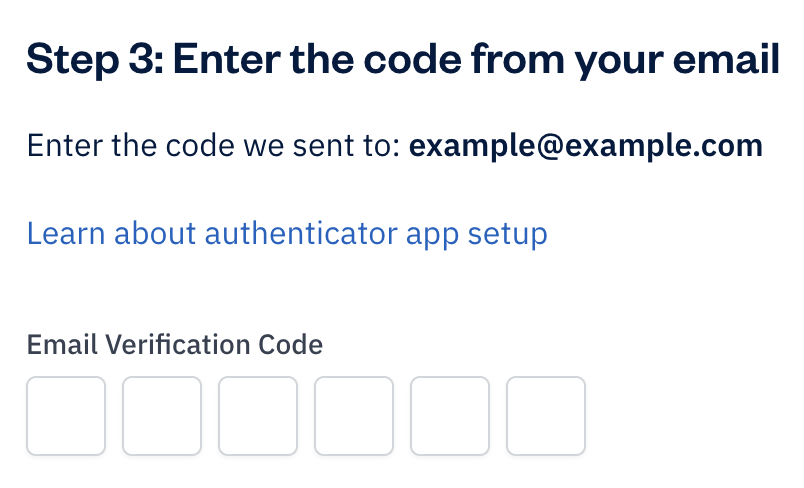 Six digit field for email verification code.