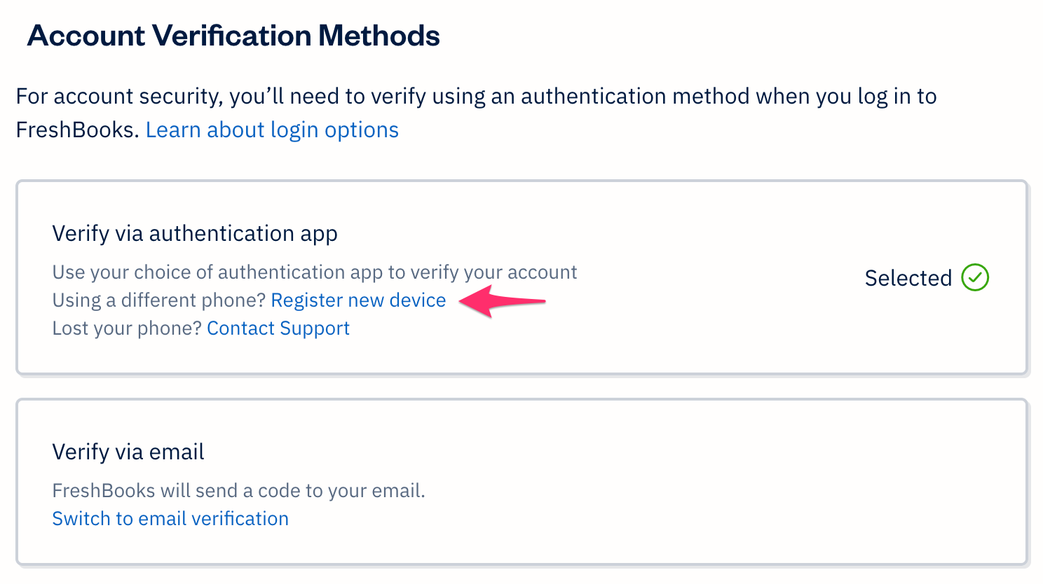 Register new device link under verify via authenticator app.