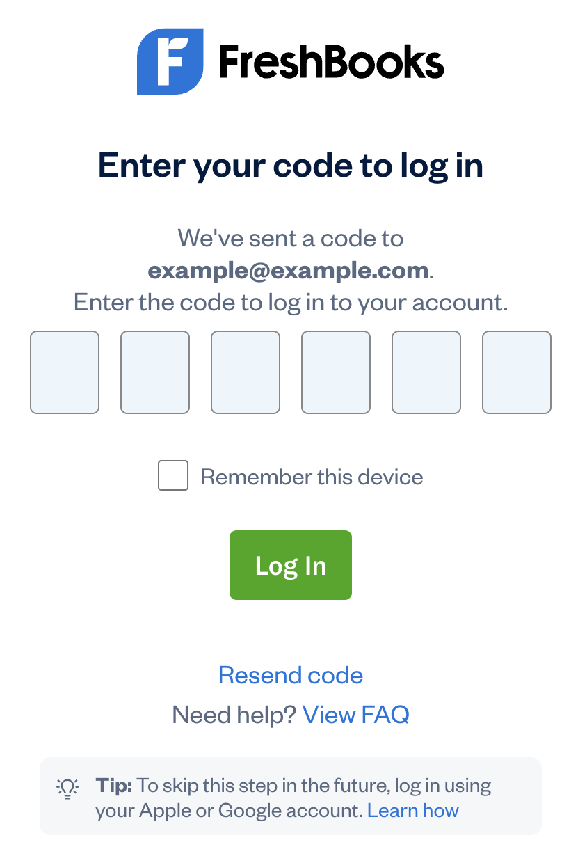 Login page with six digit field for email code.