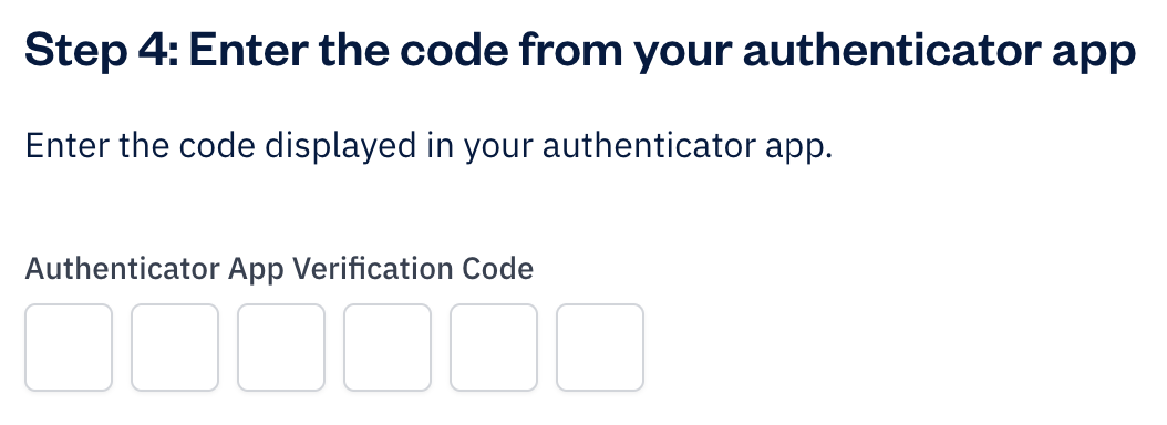 Six digit field for authenticator app verification code.