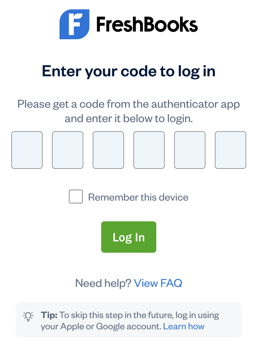 Login page with six digit field for app code.