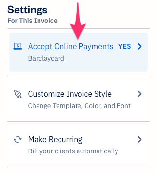 Accept online payments setting selected.