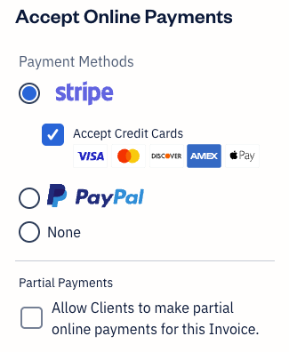 Accept credit cards setting on invoice with Stripe selected.