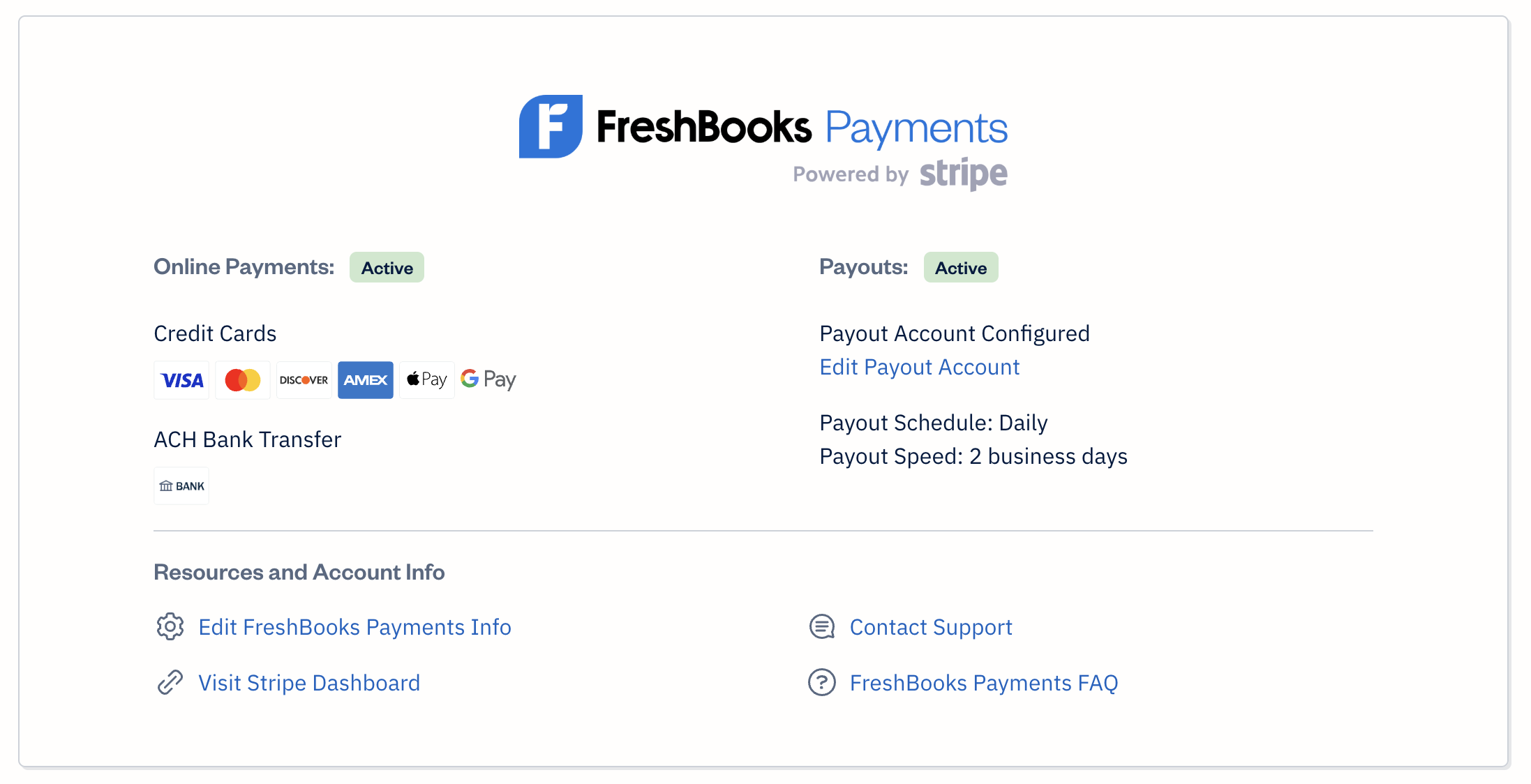 FreshBooks Payments account with information displayed in online payments settings.