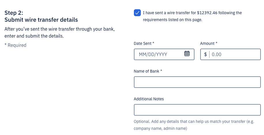 Fields to fill out for wire transfer details.