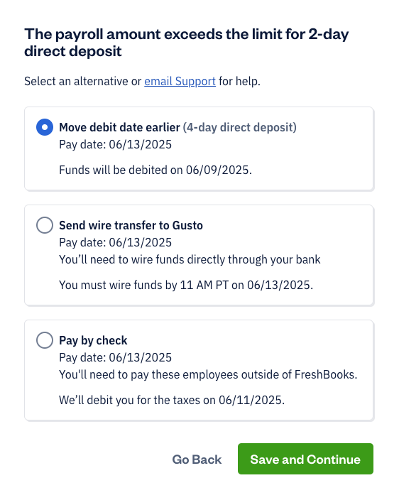 Payroll amount exceeded pop-up with three options to select instead.