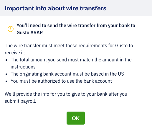 Pop up with details on wire transfers.