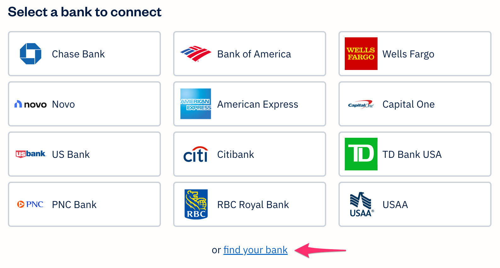 Bank Connection screen showing top 12 banks and find my bank link.