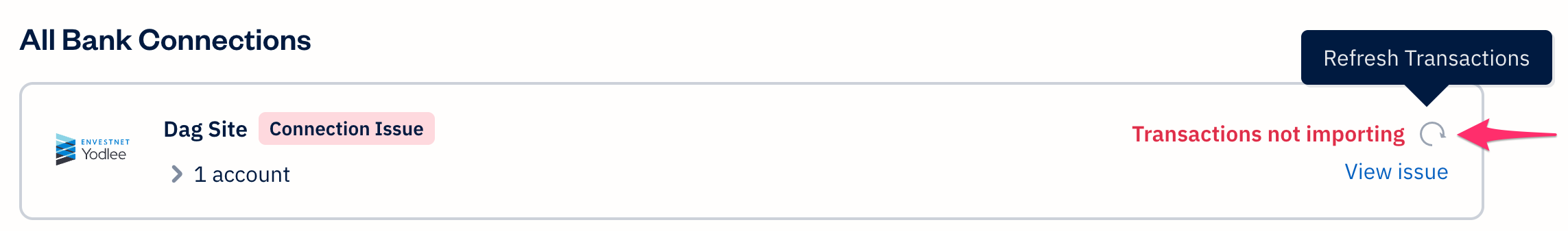 Refresh button next to bank connection.