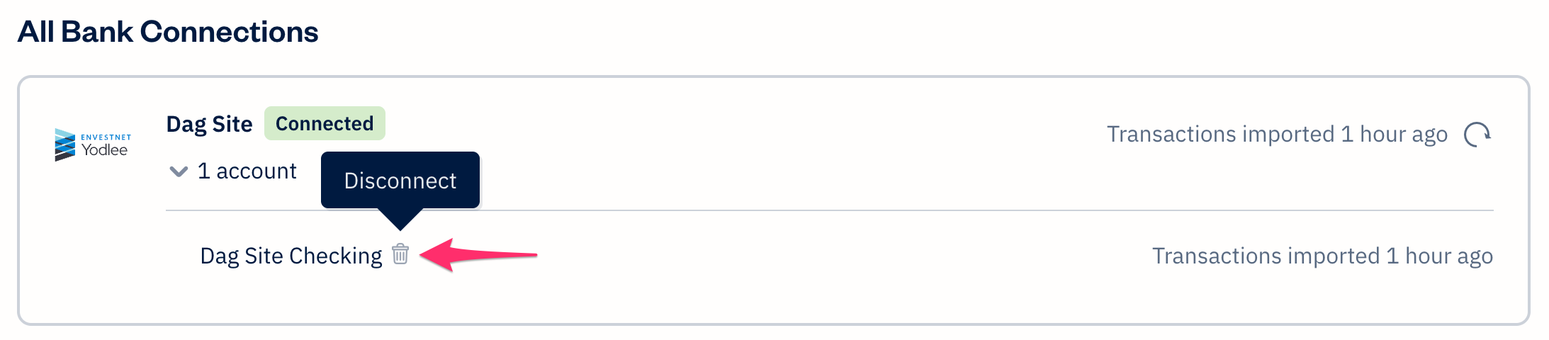 Trash can icon next to bank account.