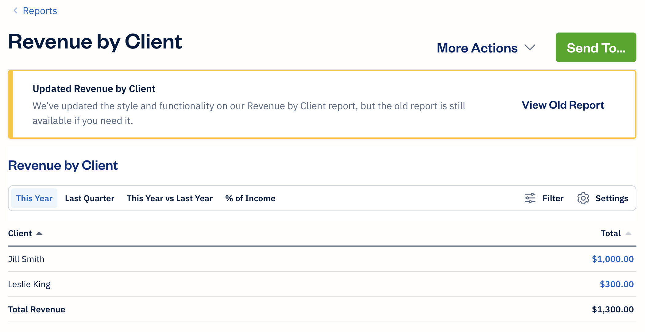 Filters on the revenue by client report.