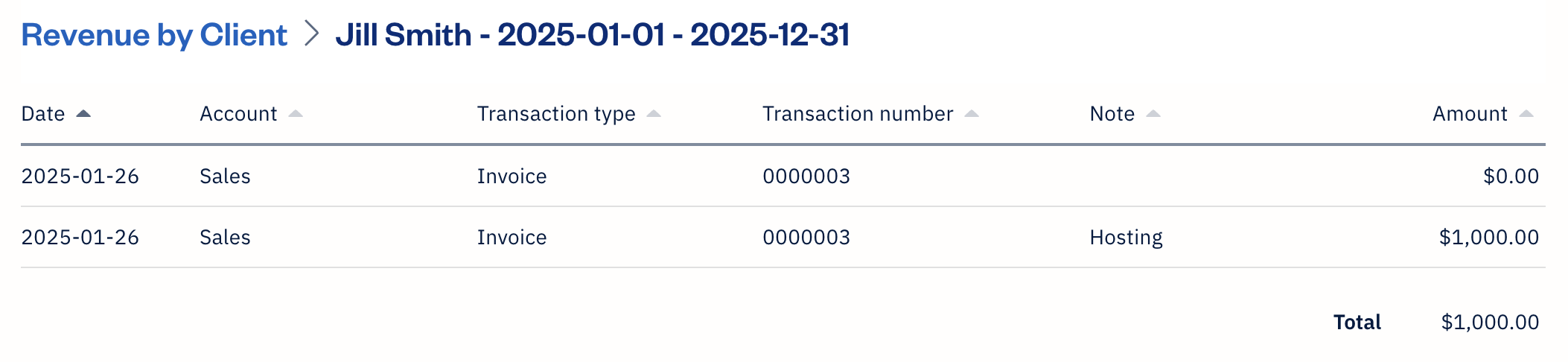 Two invoice items making up total for selected client on report.