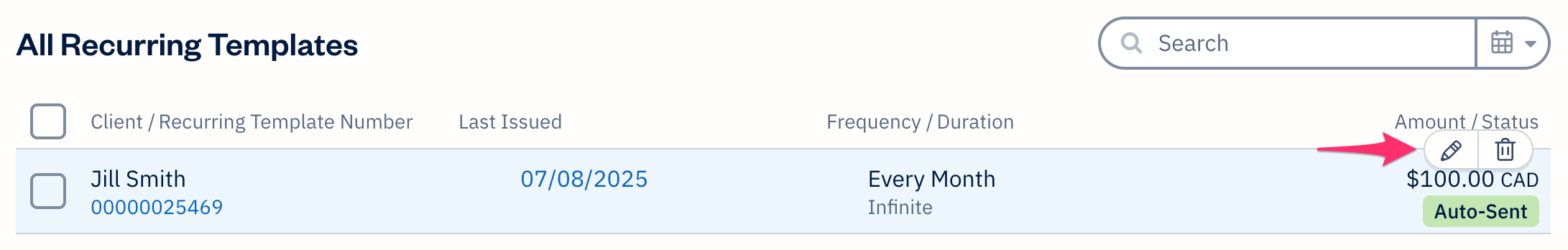 Quick actions bar with two buttons over a recurring template row.