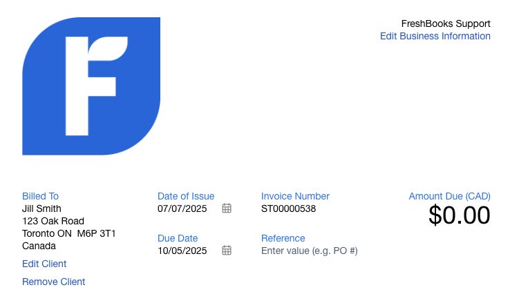 Top of invoice showing company and client details along with invoice number and dates.