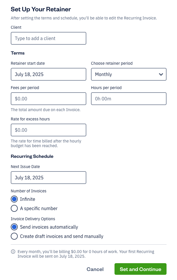 Set retainer terms and billing schedule form.