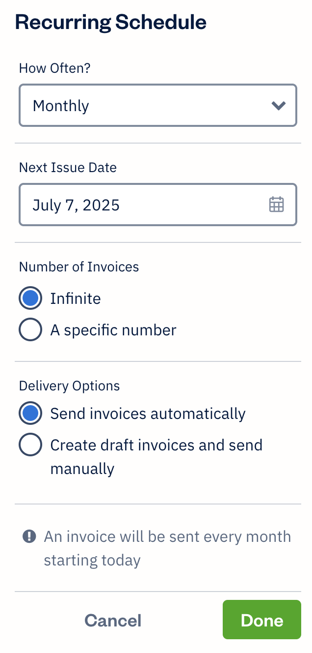 Recurring schedule settings with options.