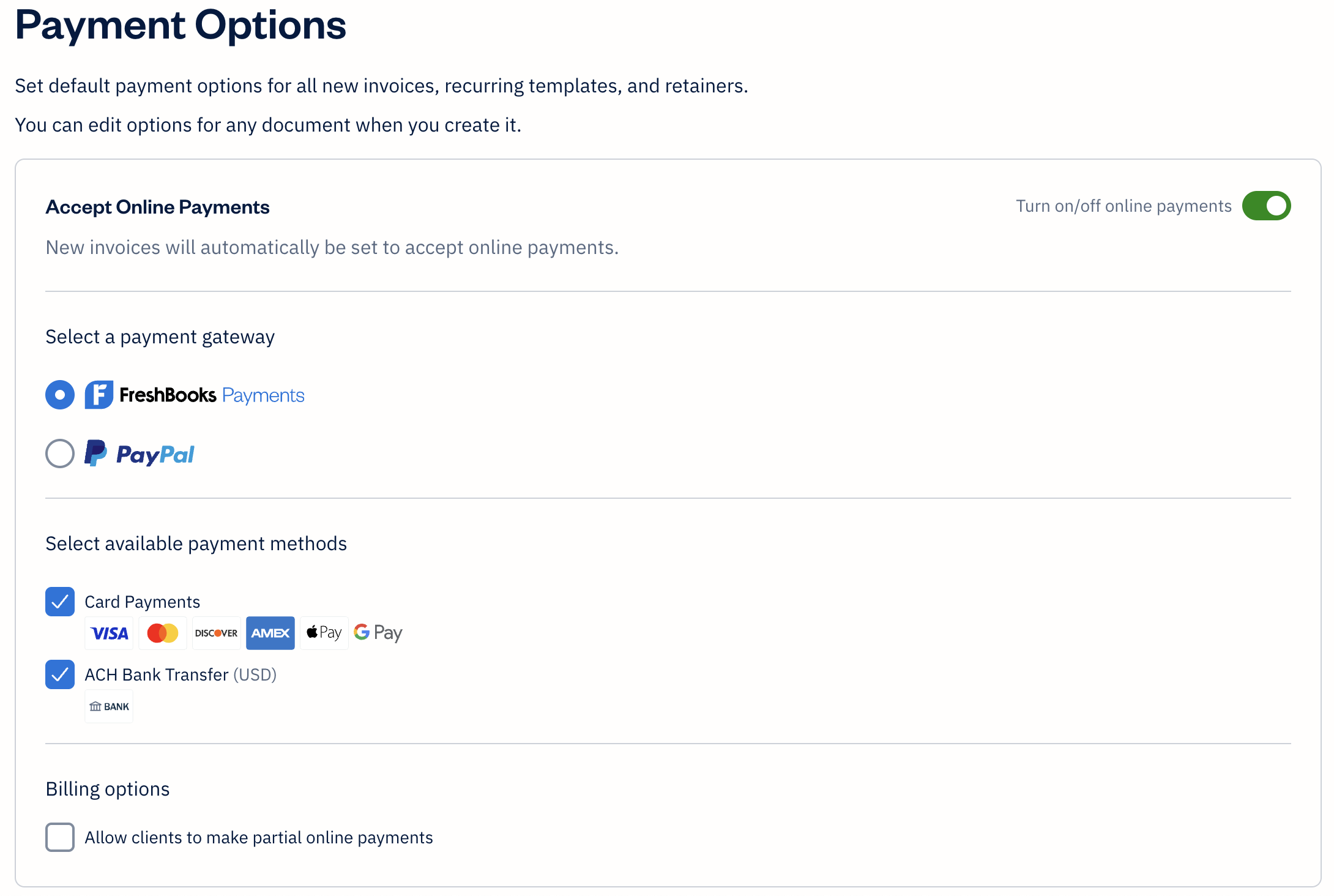 Payment options page with FreshBooks Payments and PayPal as options with checkboxes to check off or uncheck.