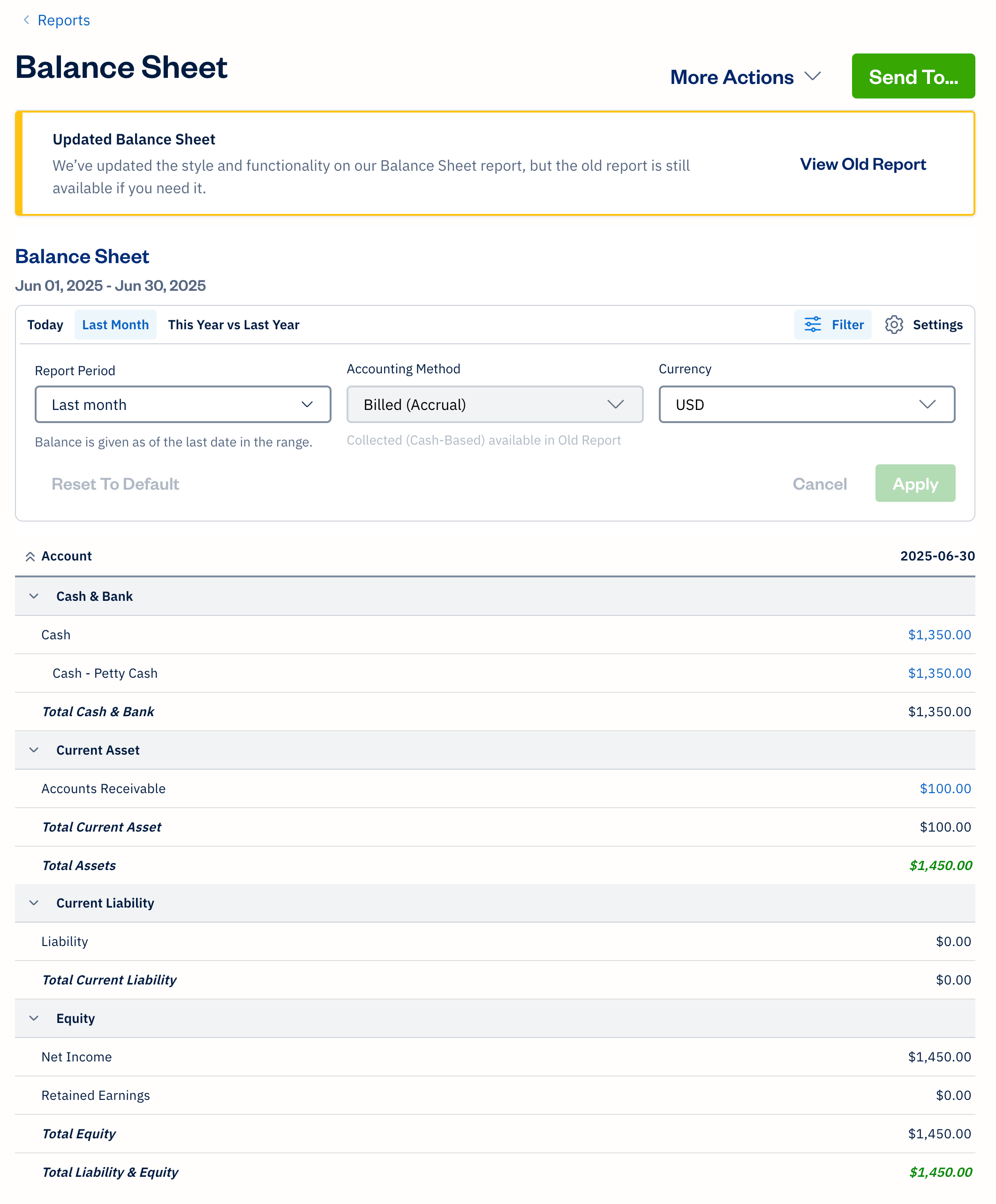 Balance sheet with filters available.