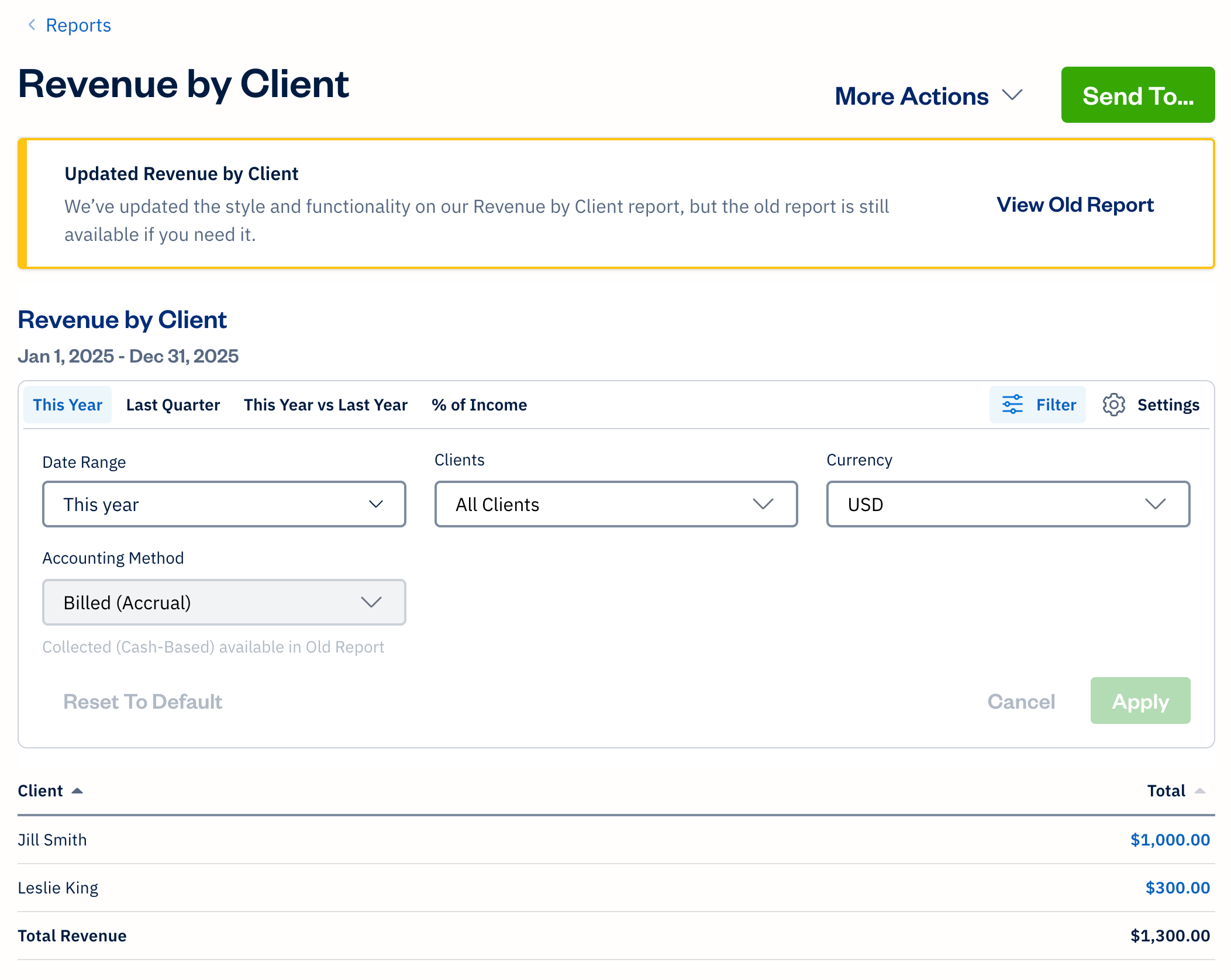 Revenue by client report with filters visible.