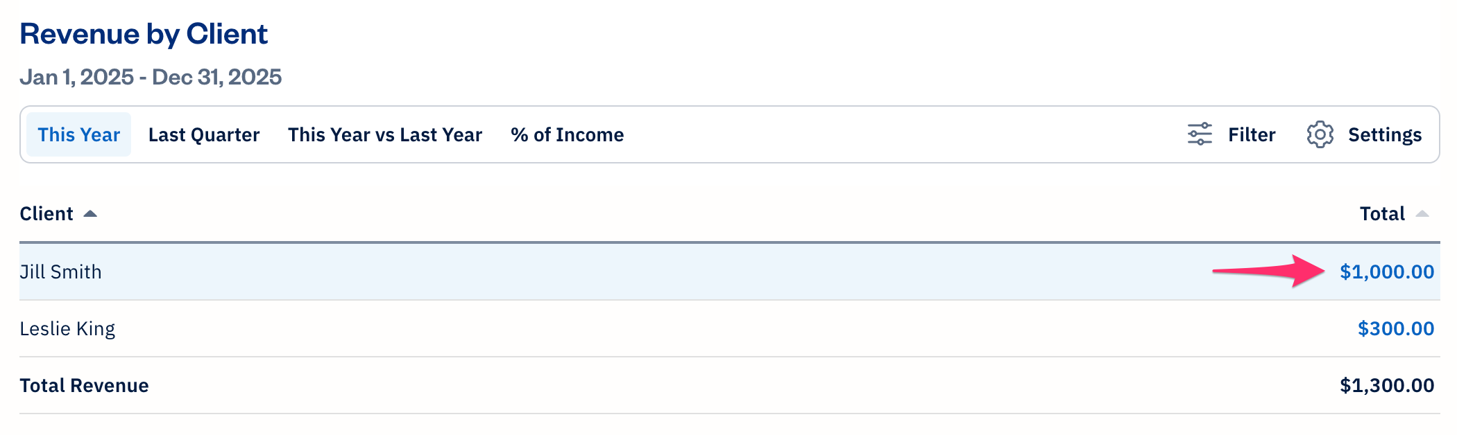 Client row on report with total highlighted and available to select.