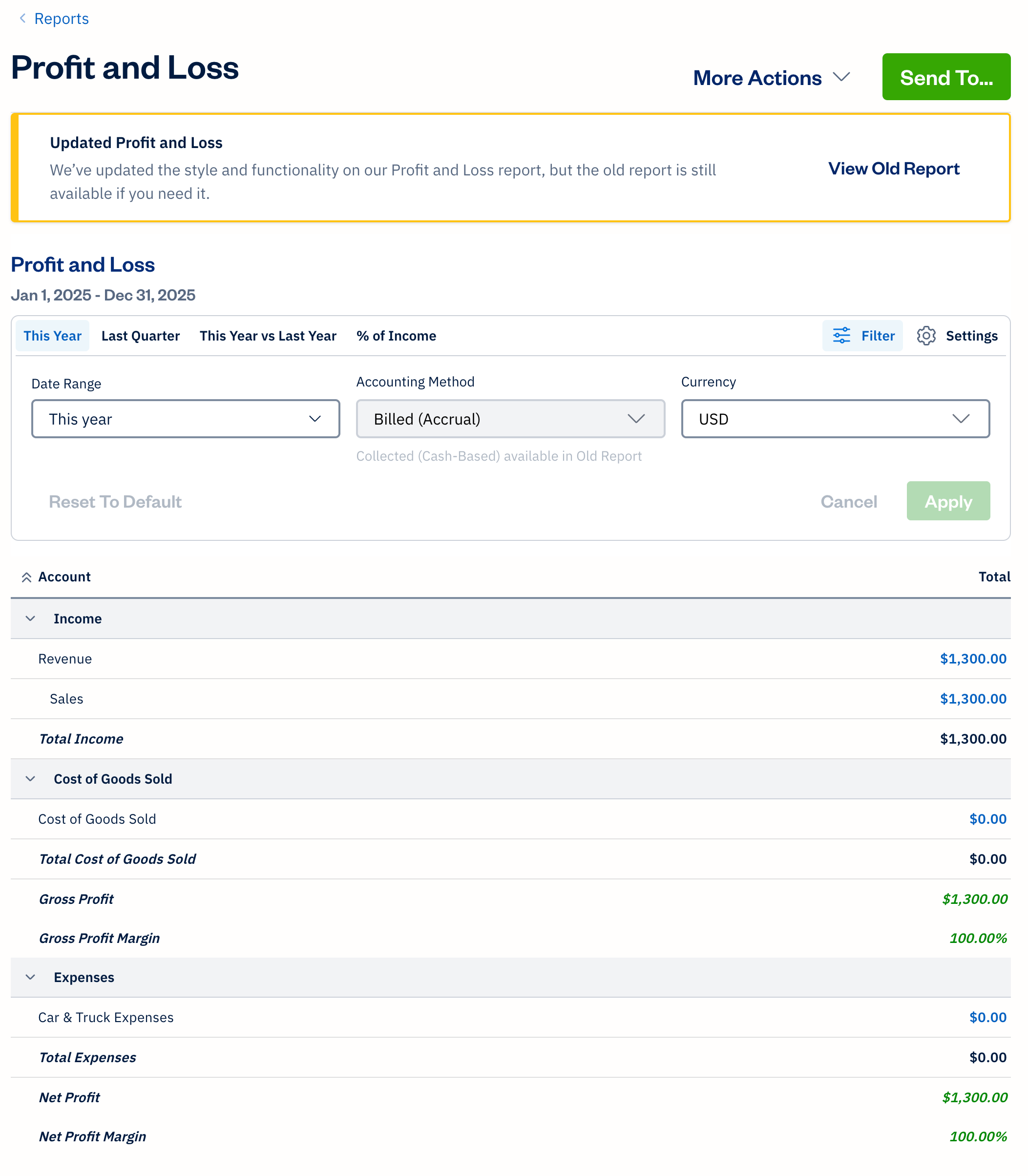 Profit and loss report with filters displayed.