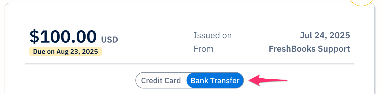 Invoice with credit card and bank transfer tabs.