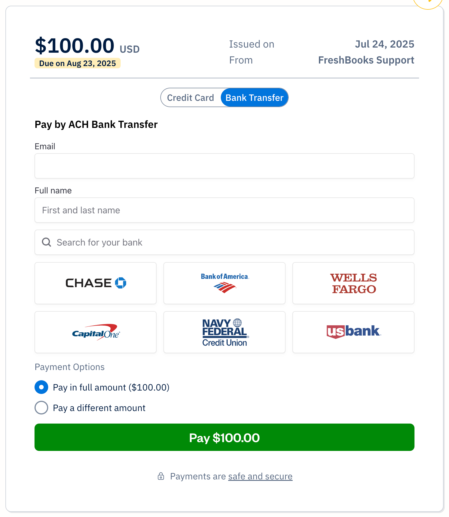 Invoice with fields for email, full name, and search for your bank visible.