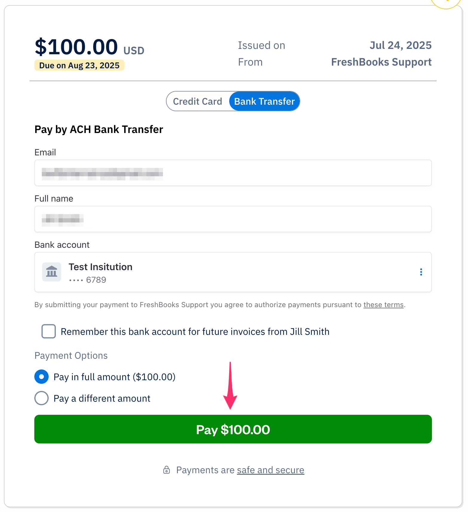 Pay $100.00 button shown on invoice.