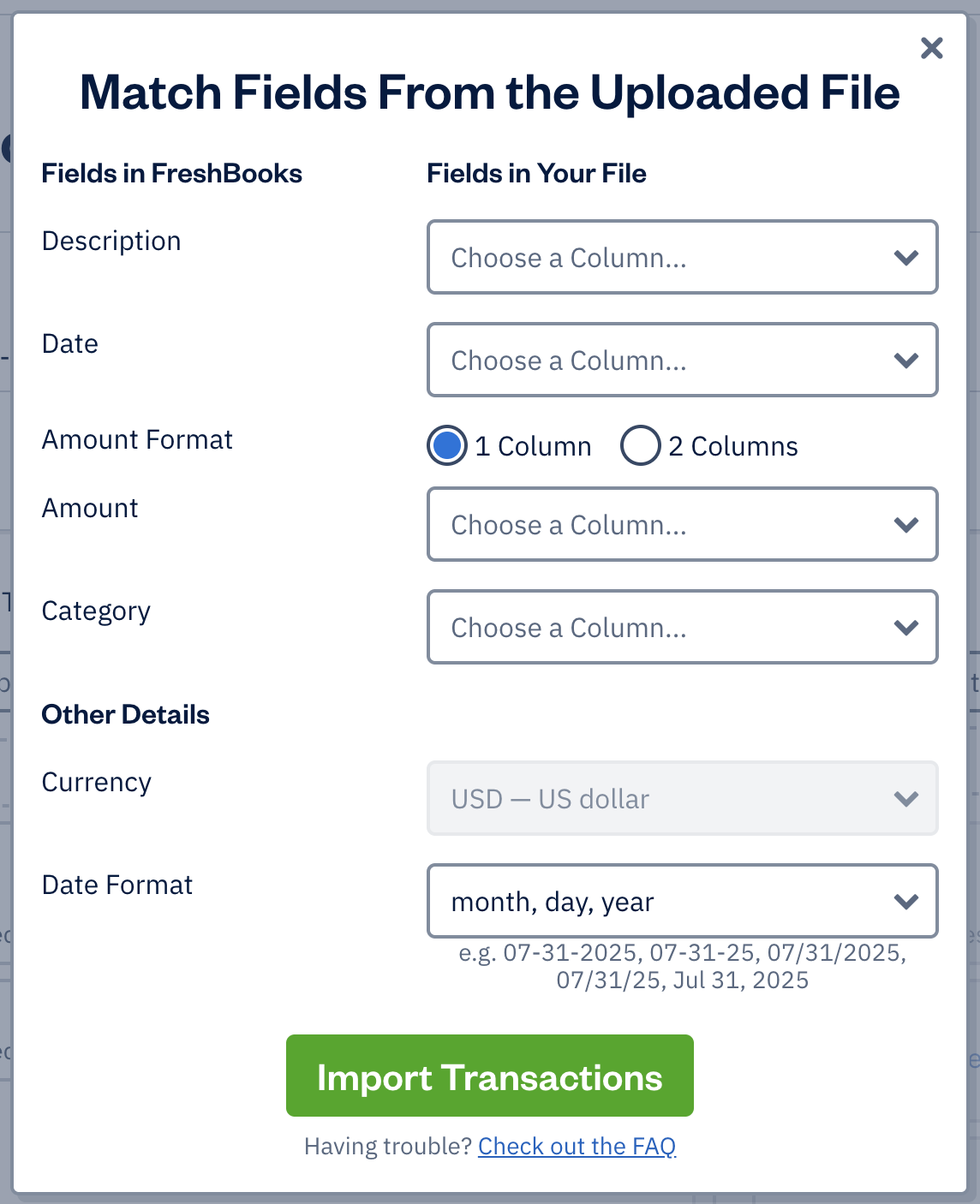 Fields to be matched in pop-up with imported csv file.