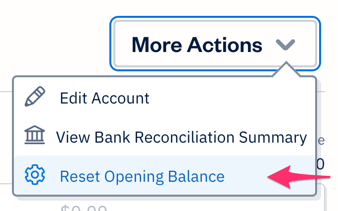 Reset Opening Balance option selected under More Actions button.