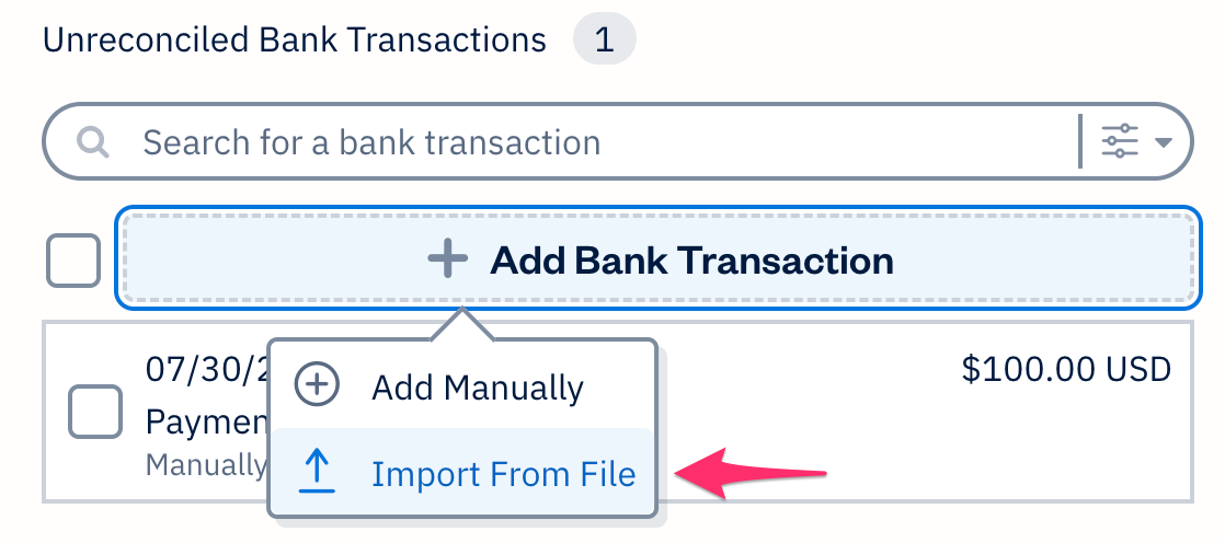 Import from file button under Add Bank Transaction button.