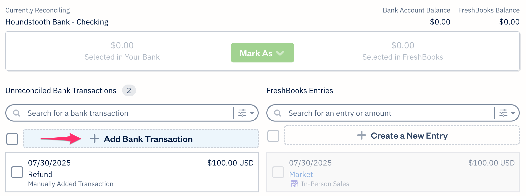 Add bank transaction button above list of transactions.