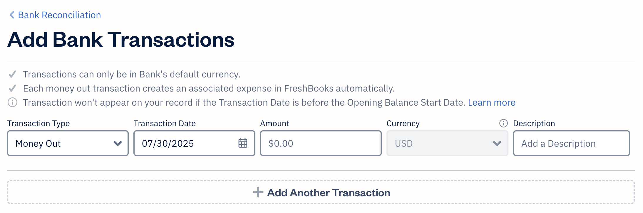 Fields to fill out for a new bank transaction.