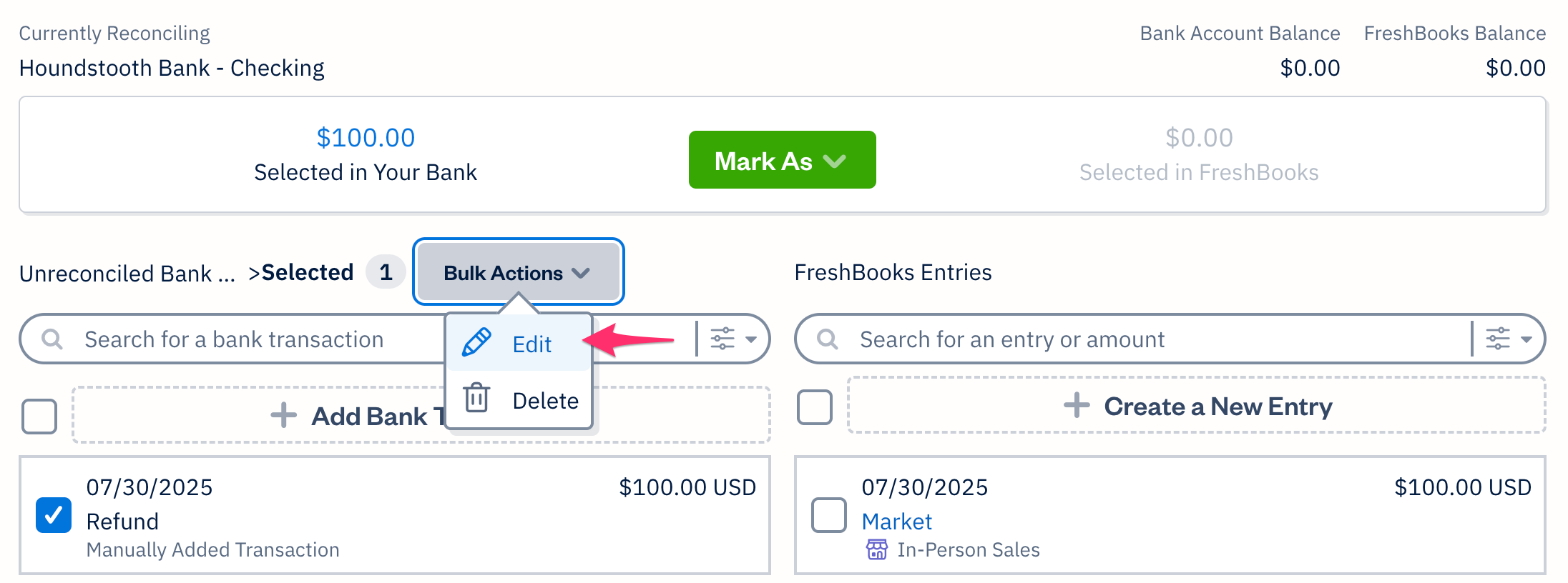 Edit option in a dropdown above list of transactions with a transaction checked off.