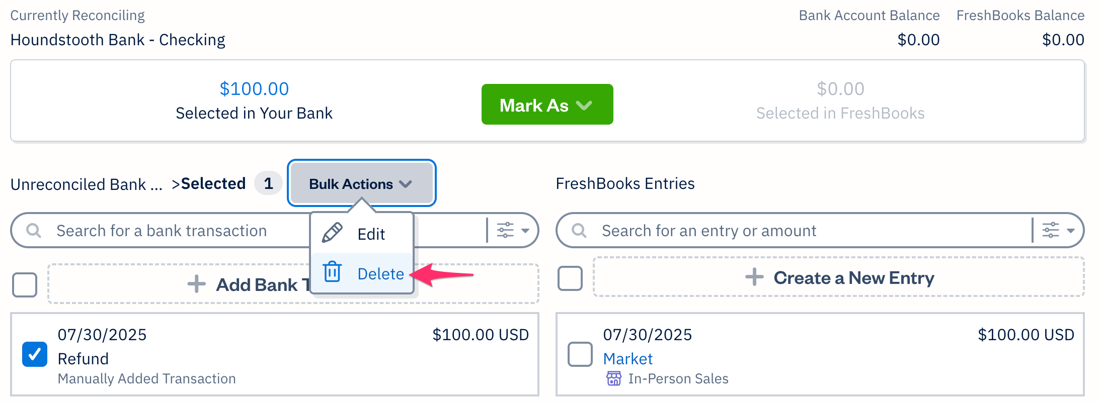 Delete option in a dropdown above list of transactions with a transaction checked off.