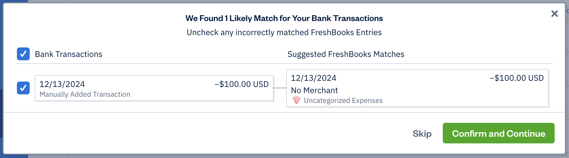 Pop-up window showing two rows of transactions with identical information in each.