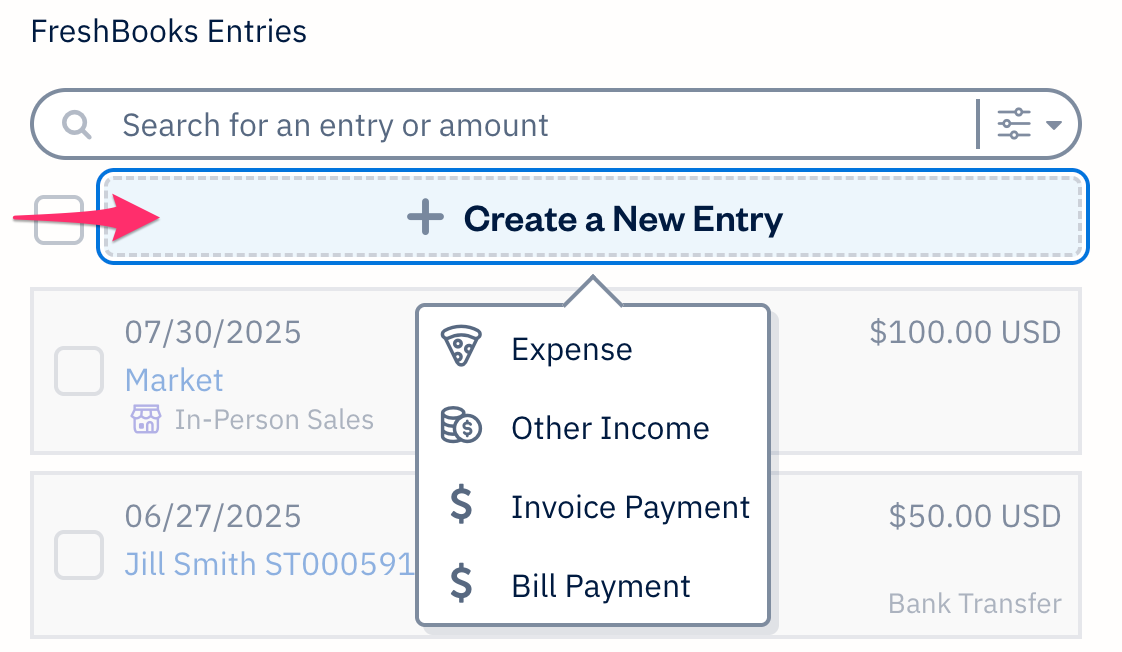 Create a new FreshBooks entry button.