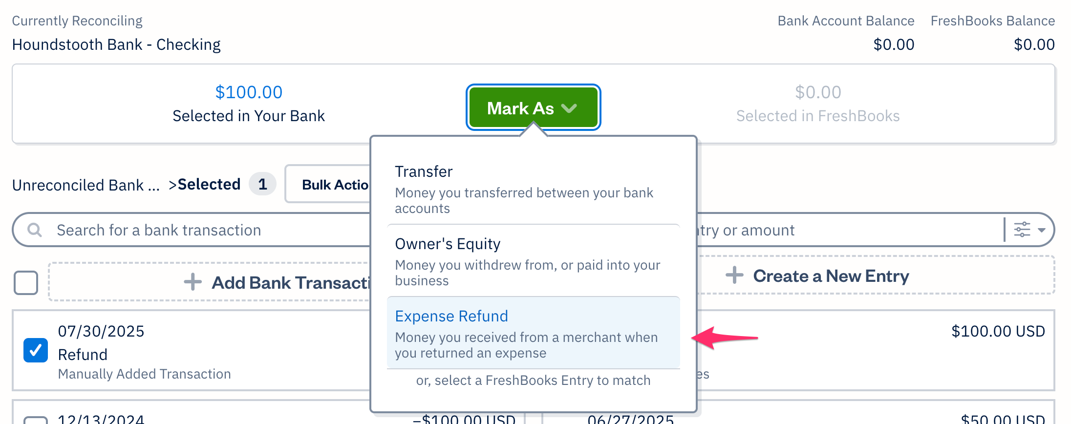Mark as expense refund option for transaction.