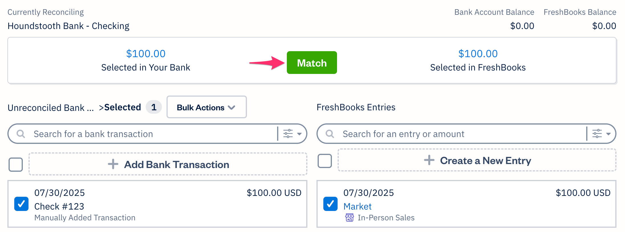 Two transactions selected to match with Match button selected.