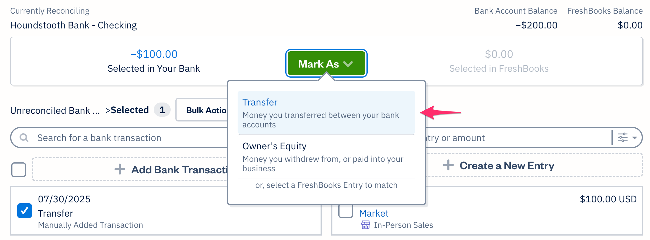 Mark as transfer option for transaction.