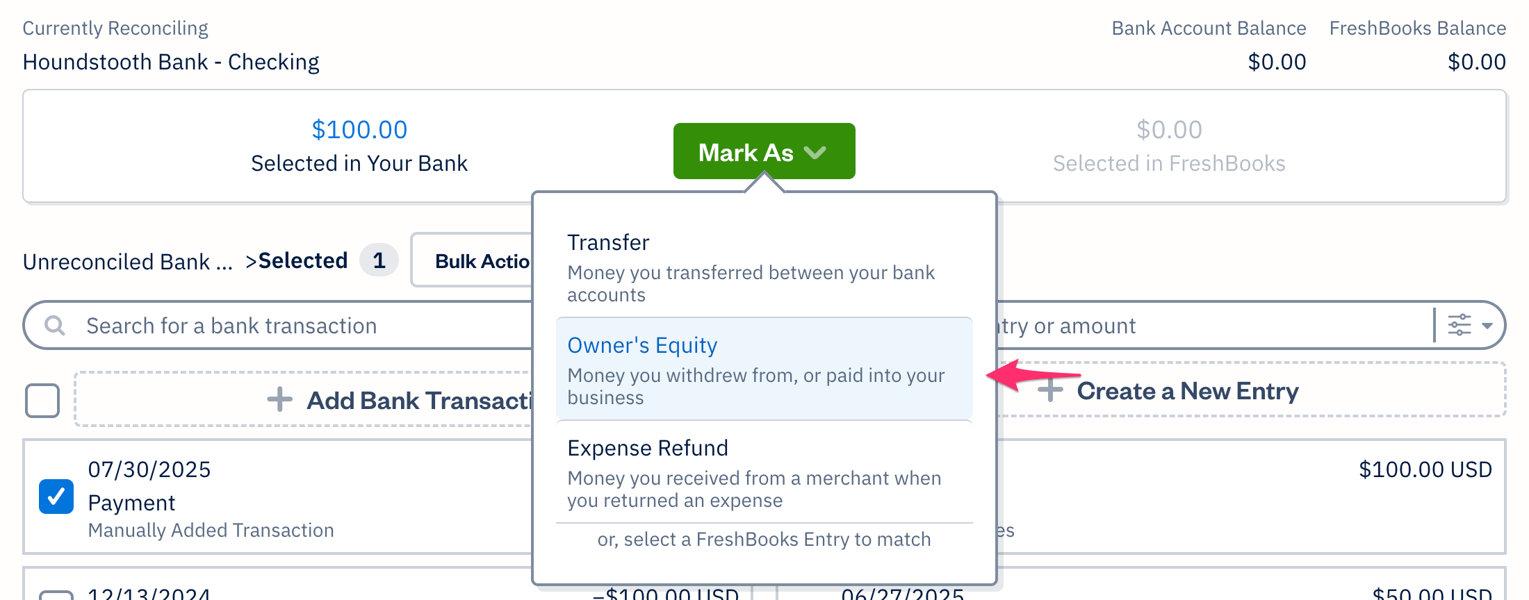 Mark as owner's equity option for transaction.