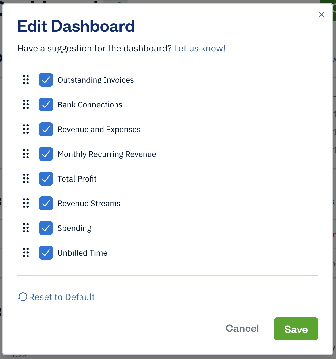 Edit dashboard with checkboxes to check off or uncheck to show or hide a graph.