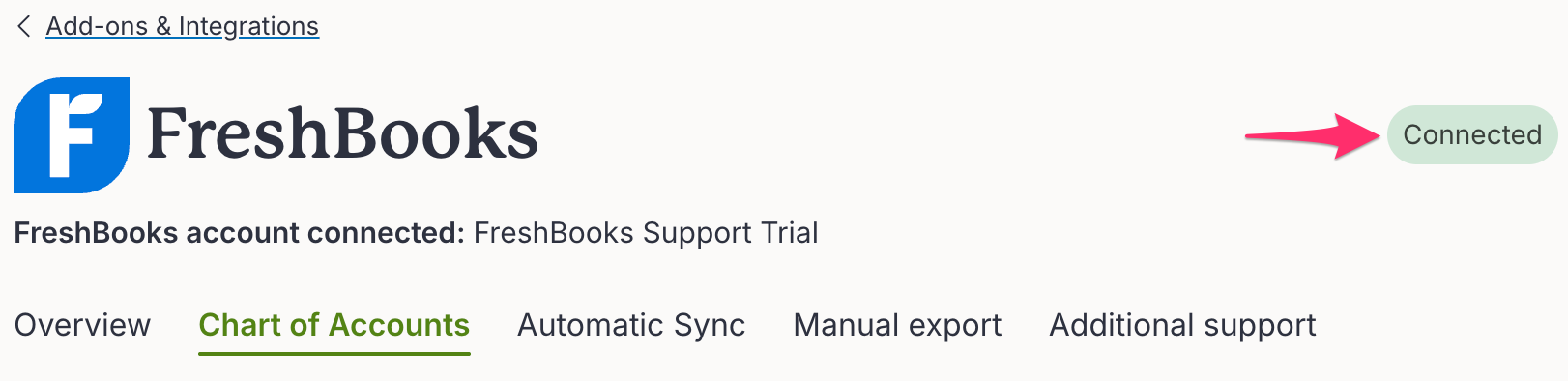 Connected status for FreshBooks app.