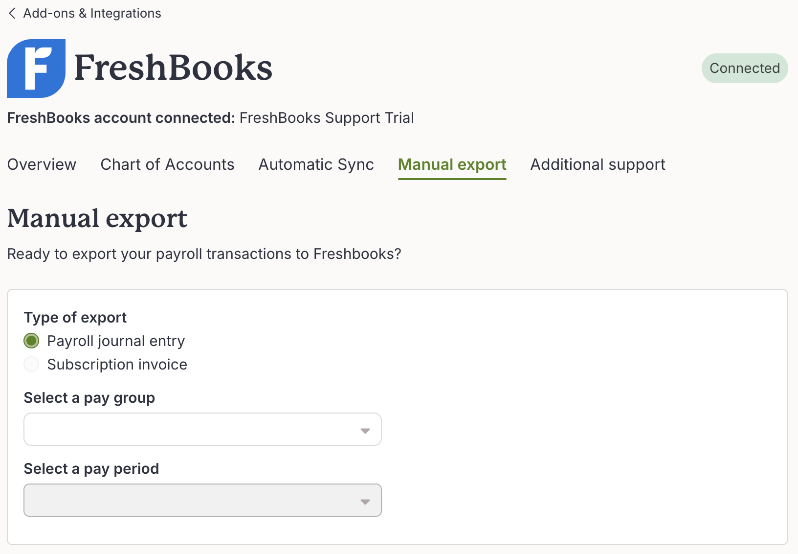 Payroll journal entry option selected for manual export page.