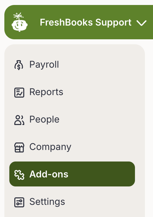 Wagepoint account with add-ons in menu selected.