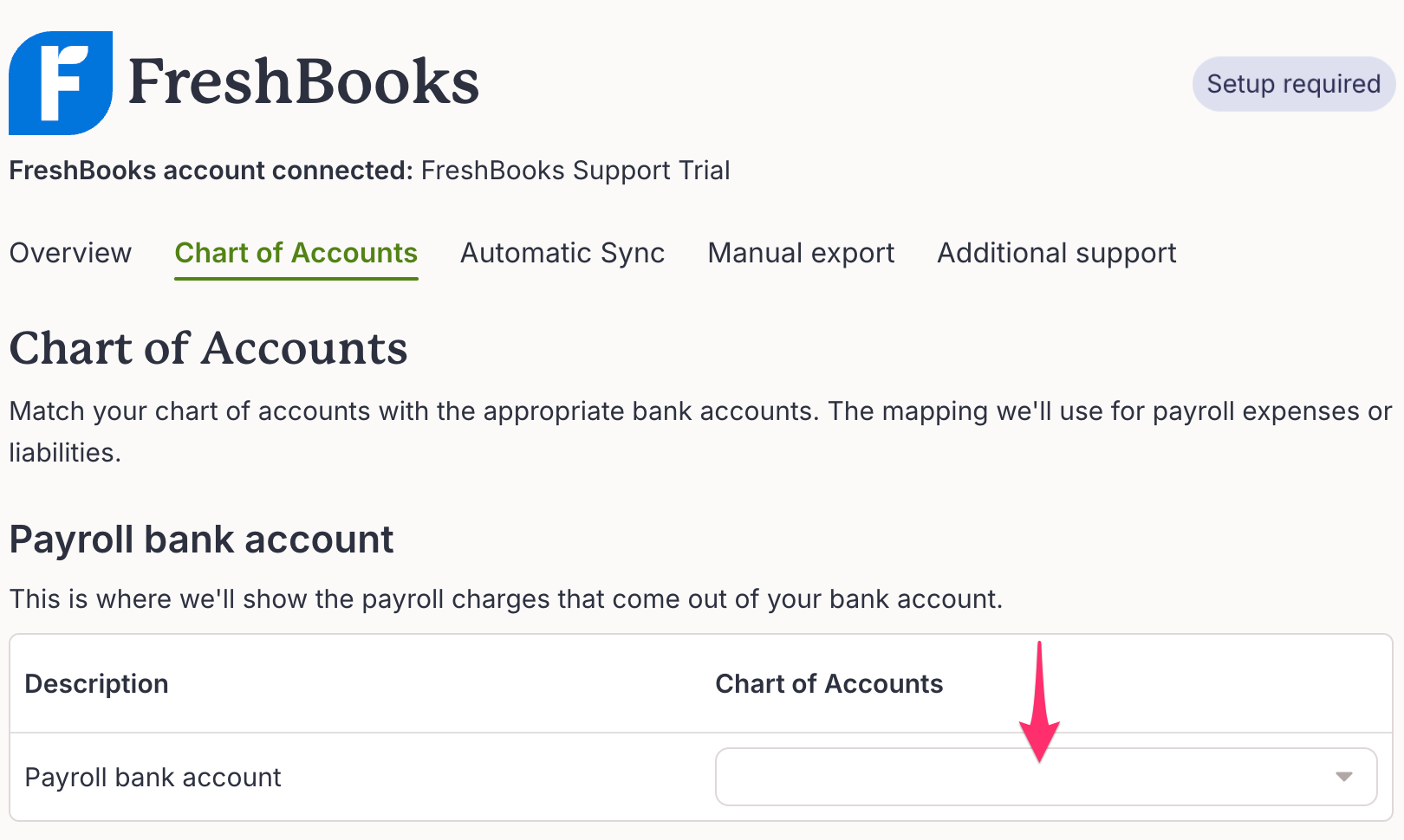 Dropdown next to payroll bank account to select an account type.