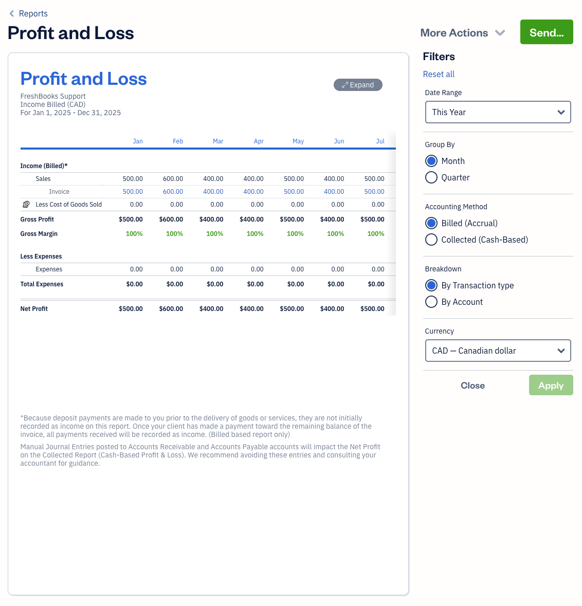Filters on the profit and loss report.