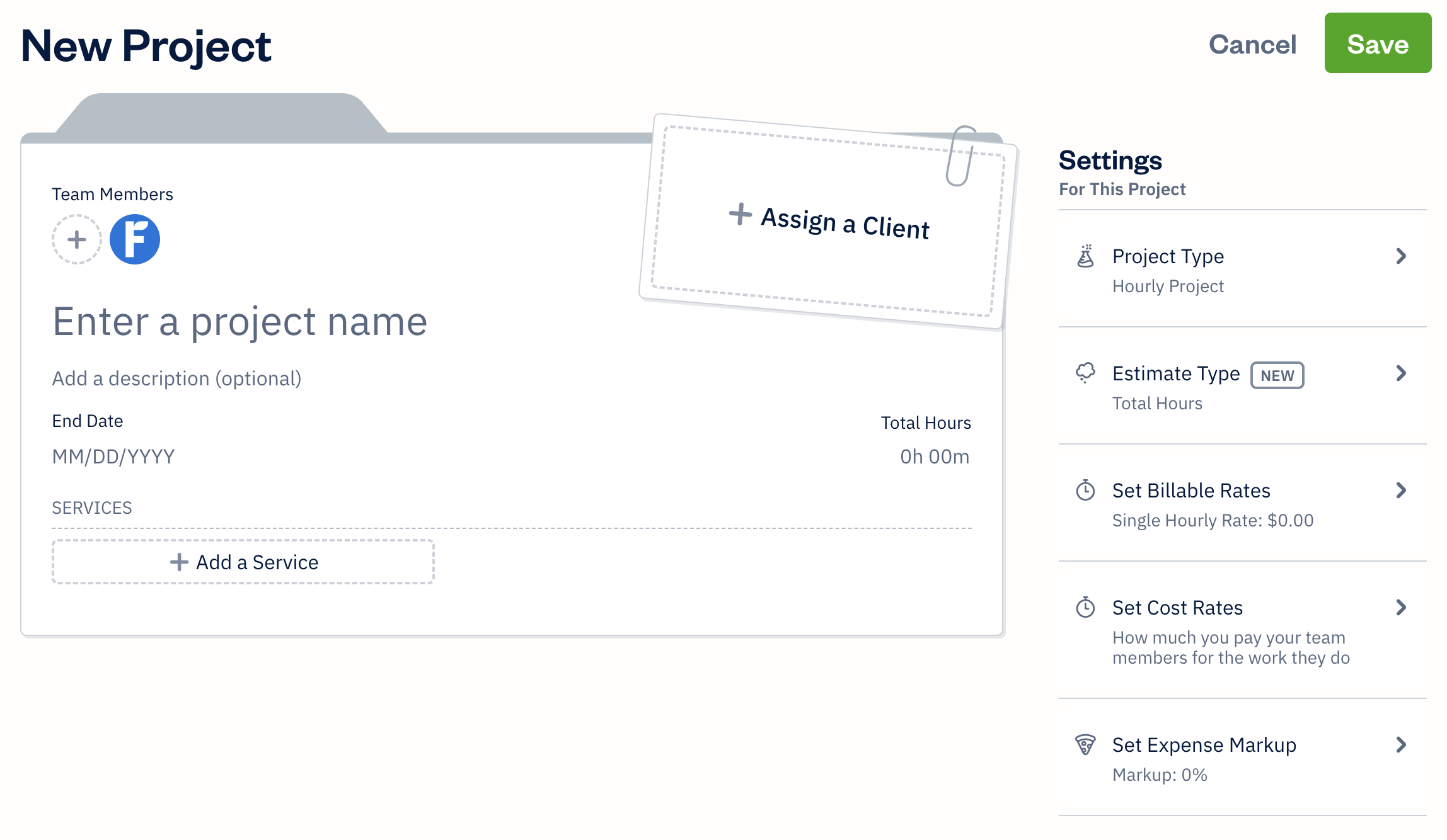 New project with fields to fill out and options to select.