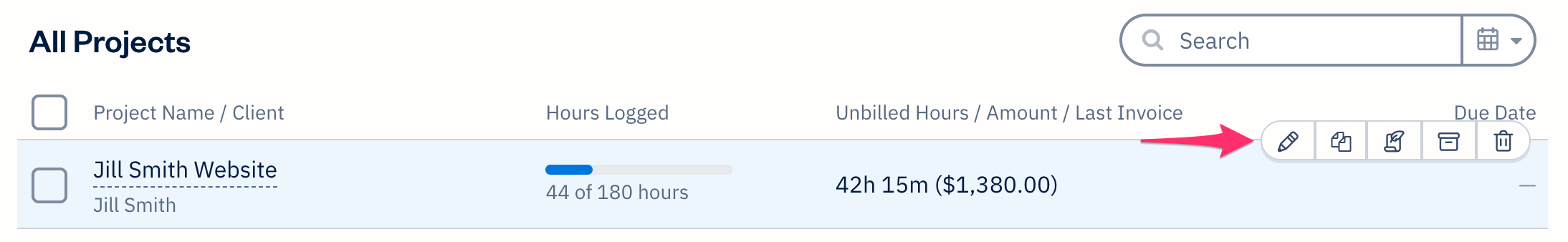 Quick actions bar with five buttons over a Project row.
